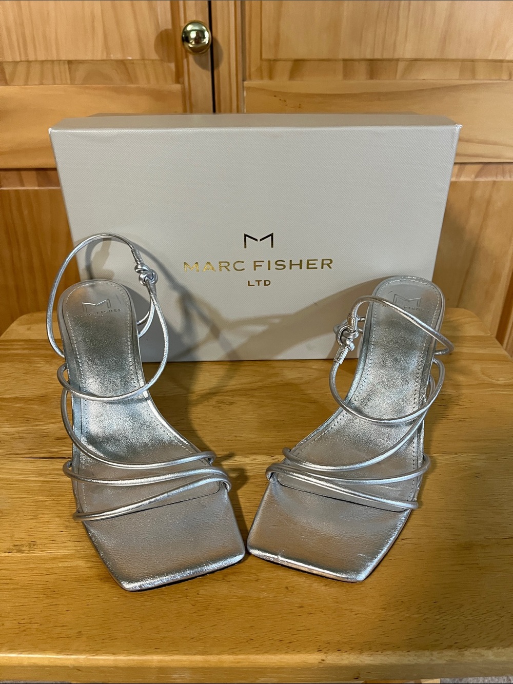 Marc Fisher Metallic Silver Strappy Square-Toe Heels